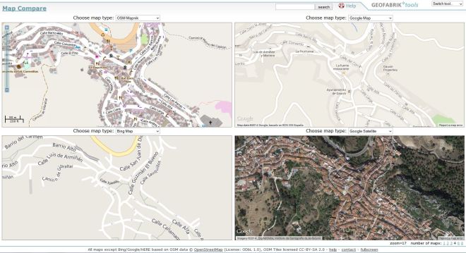 Mapa comparativa de callejeros desde varios servidores de mapas